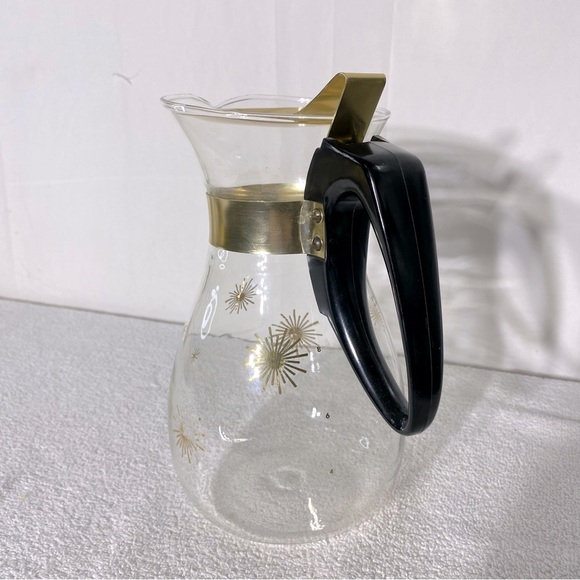 Vintage MCM PYREX Gold Atomic Print Glass Carafe W Lid - Picture 2 of 13